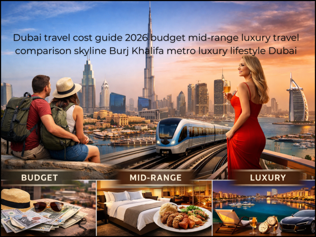 Dubai travel cost guide 2026 budget mid-range luxury travel comparison skyline Burj Khalifa metro luxury lifestyle Dubai