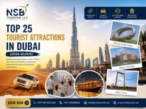 Top tourist attractions in Dubai including Burj Khalifa, Desert Safari, Museum of the Future, Atlantis The Palm, and Dubai Frame featured in a Dubai travel guide by NSB Tourism LLC