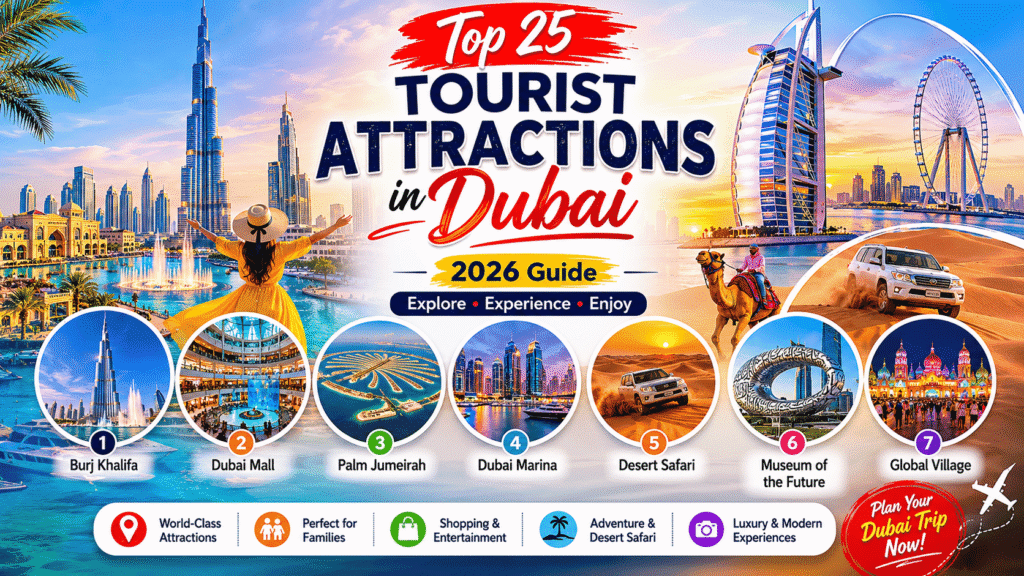Dubai tourist attractions infographic featuring Burj Khalifa, Desert Safari, Dubai Marina, Palm Jumeirah, Museum of the Future, beaches, shopping, and luxury travel experiences in Dubai 2026