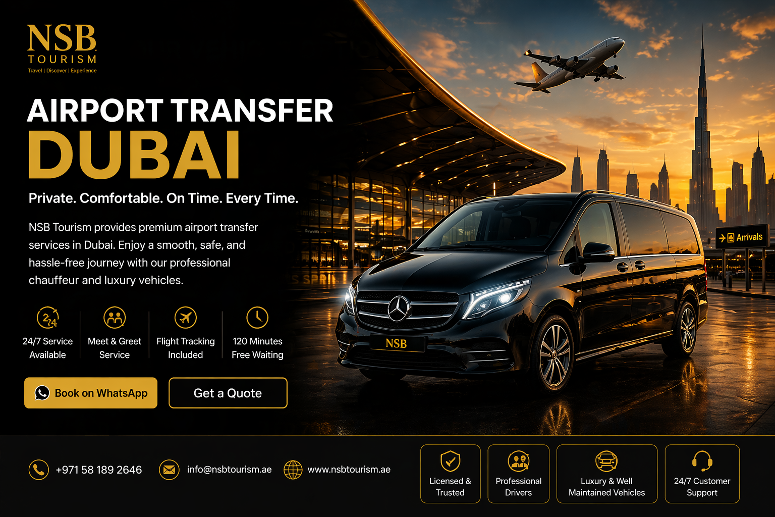 airport transfer Dubai luxury van with Dubai skyline and airport pickup service by NSB Tourism