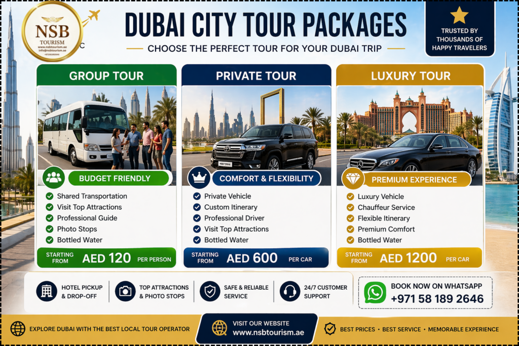 dubai city tour packages comparison 2026 group private luxury tours with price and services in dubai