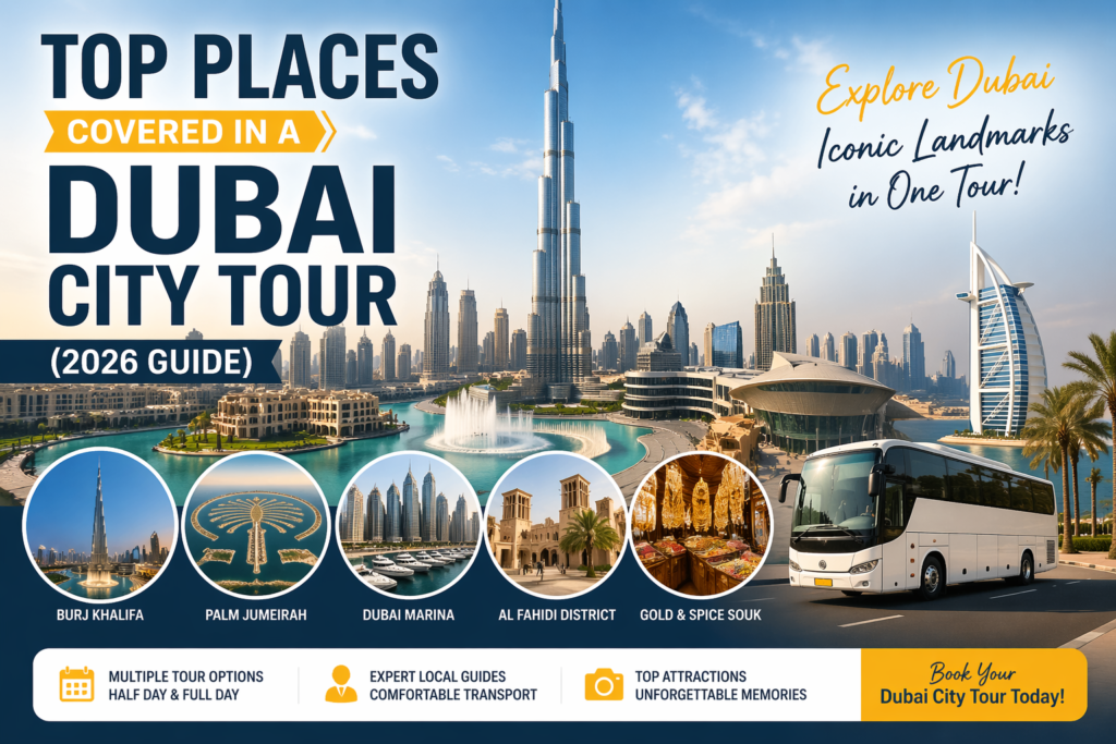Dubai city tour places 2026 including Burj Khalifa Palm Jumeirah Dubai Marina and Burj Al Arab skyline view