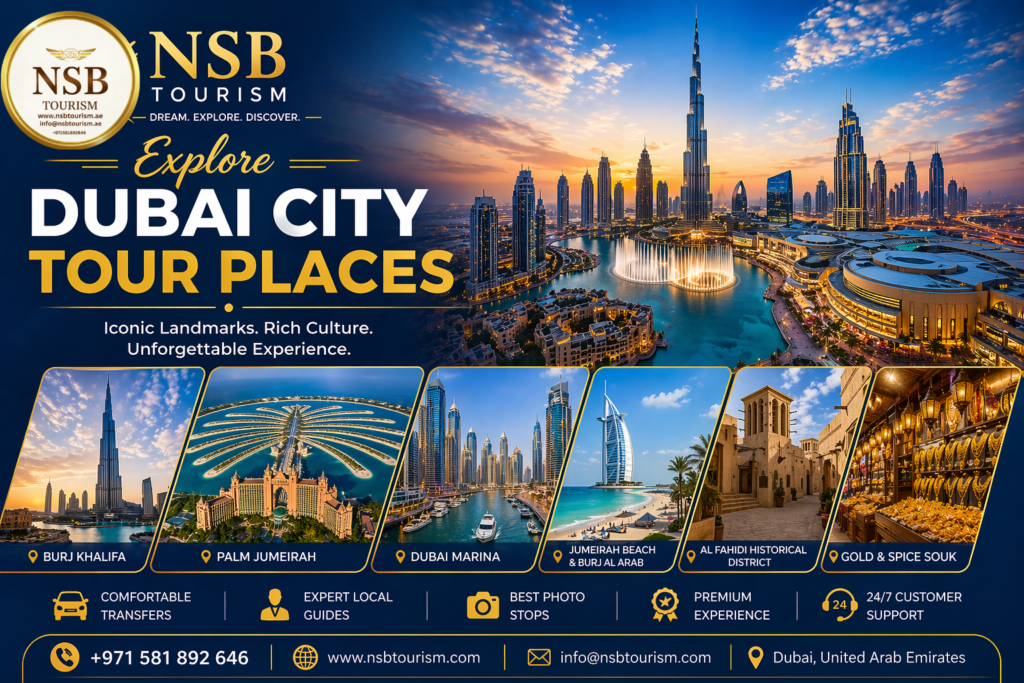 Dubai city tour places including Burj Khalifa Palm Jumeirah Dubai Marina Jumeirah Beach and Old Dubai attractions