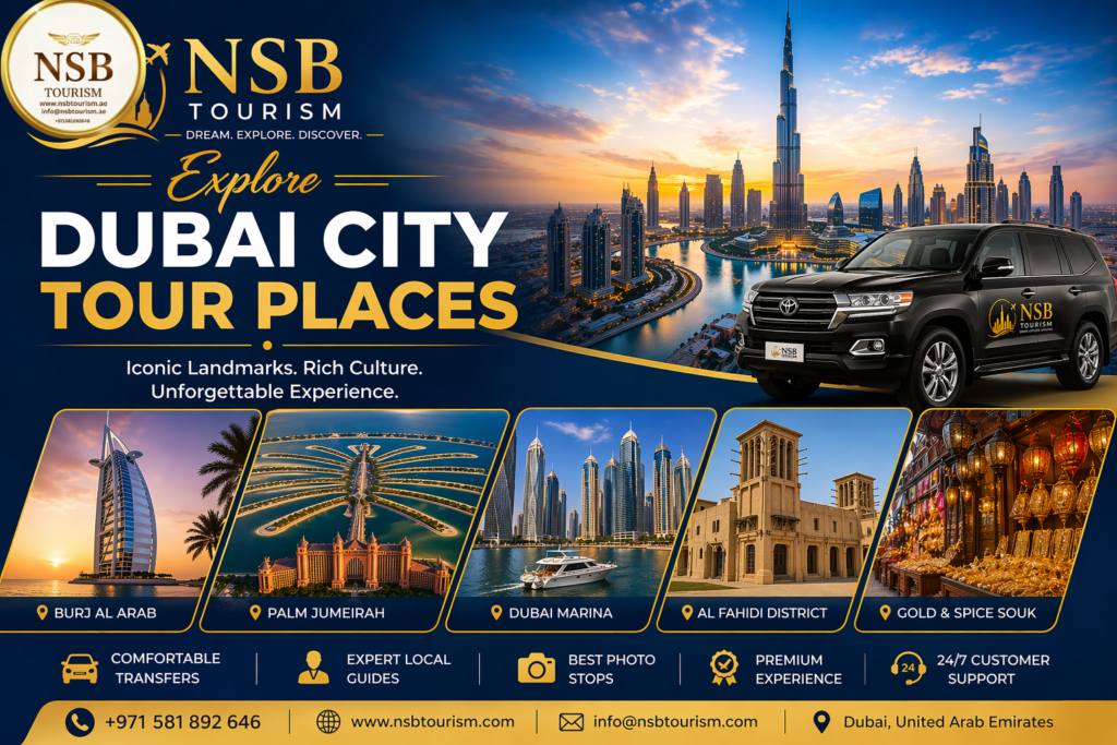 Dubai city tour places including Burj Khalifa Palm Jumeirah Dubai Marina and Jumeirah Beach skyline view