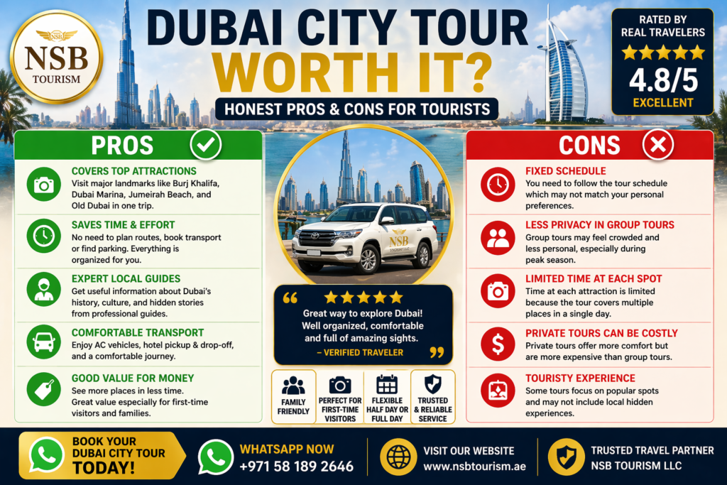 dubai city tour worth it pros and cons infographic 2026 with benefits and drawbacks for tourists and nsb tourism services