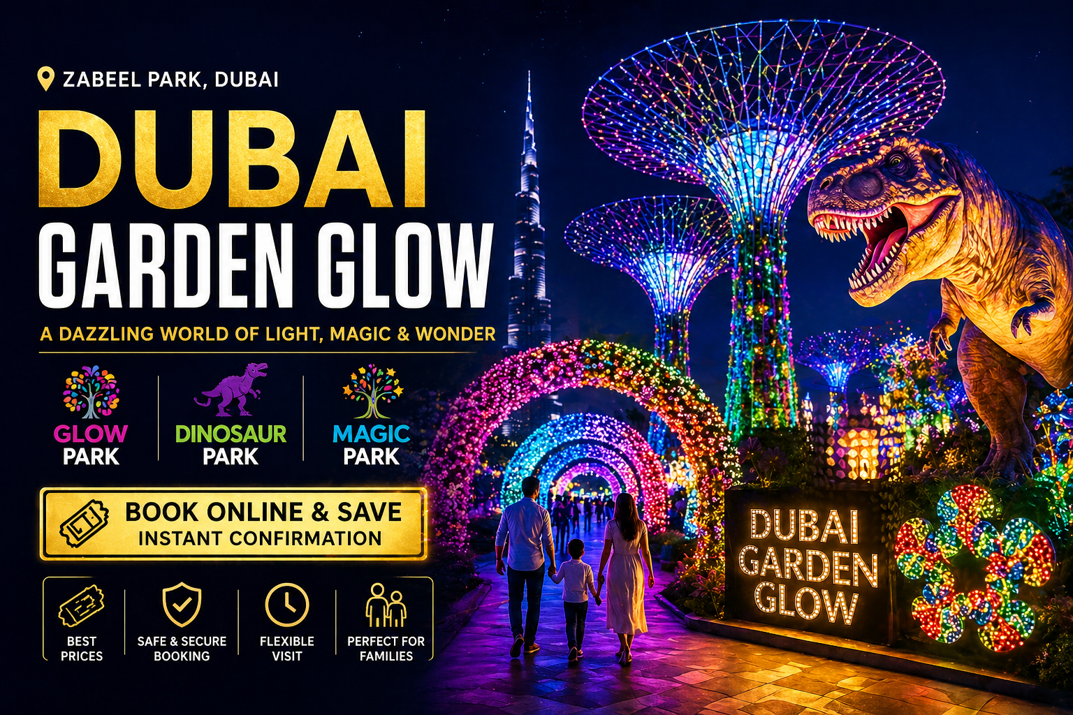 Dubai Garden Glow night lights park Zabeel Park glowing tunnel and dinosaur park Dubai