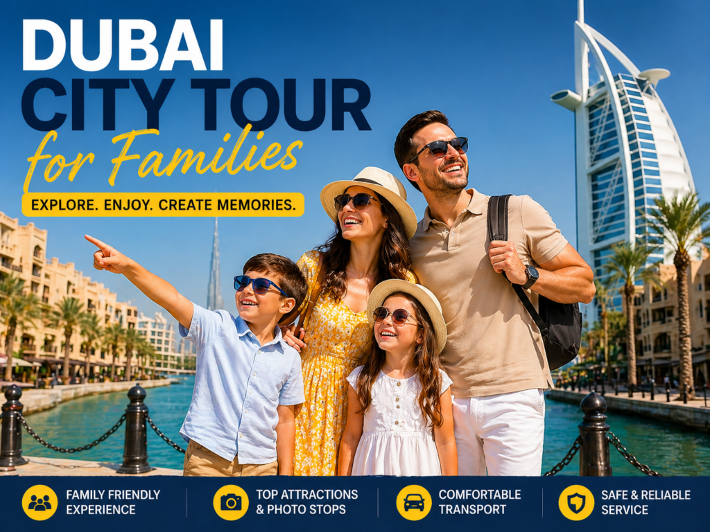 family enjoying jumeirah beach dubai city tour