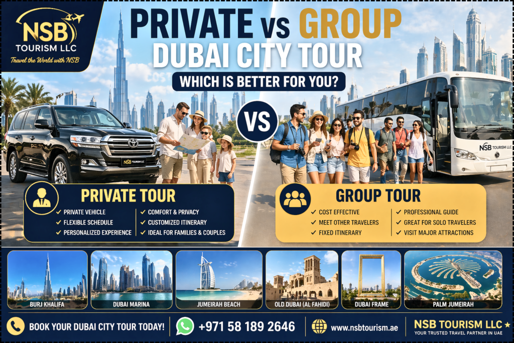 private vs group dubai city tour comparison 2026 with luxury car and group bus travel options in dubai