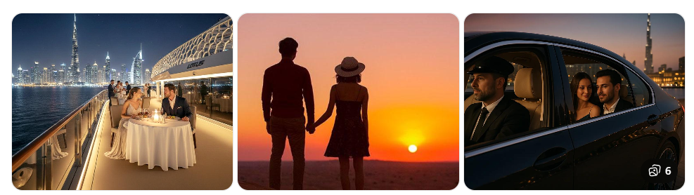 Dubai Marina night skyline with couple walking during Dubai city tour for couples