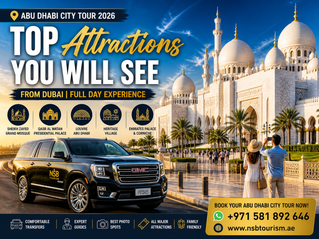 Abu Dhabi city tour attractions Sheikh Zayed Grand Mosque with luxury car from Dubai