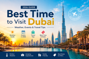 Dubai skyline with Burj Khalifa during sunset for Best Time to Visit Dubai 2026 travel guide