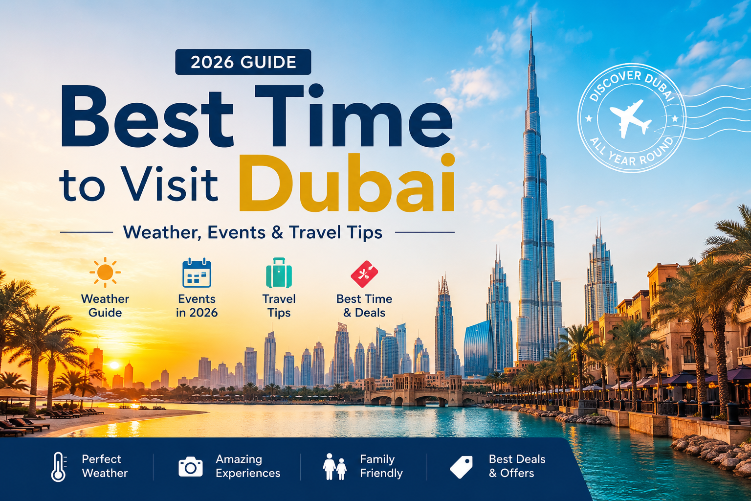 Dubai skyline with Burj Khalifa during sunset for Best Time to Visit Dubai 2026 travel guide