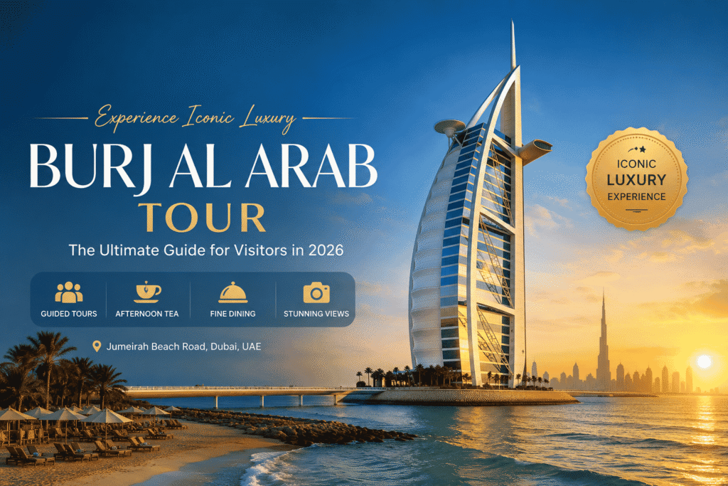 Burj Al Arab Dubai at sunset featuring guided tours, afternoon tea experiences, fine dining, and luxury visitor attractions in Dubai.