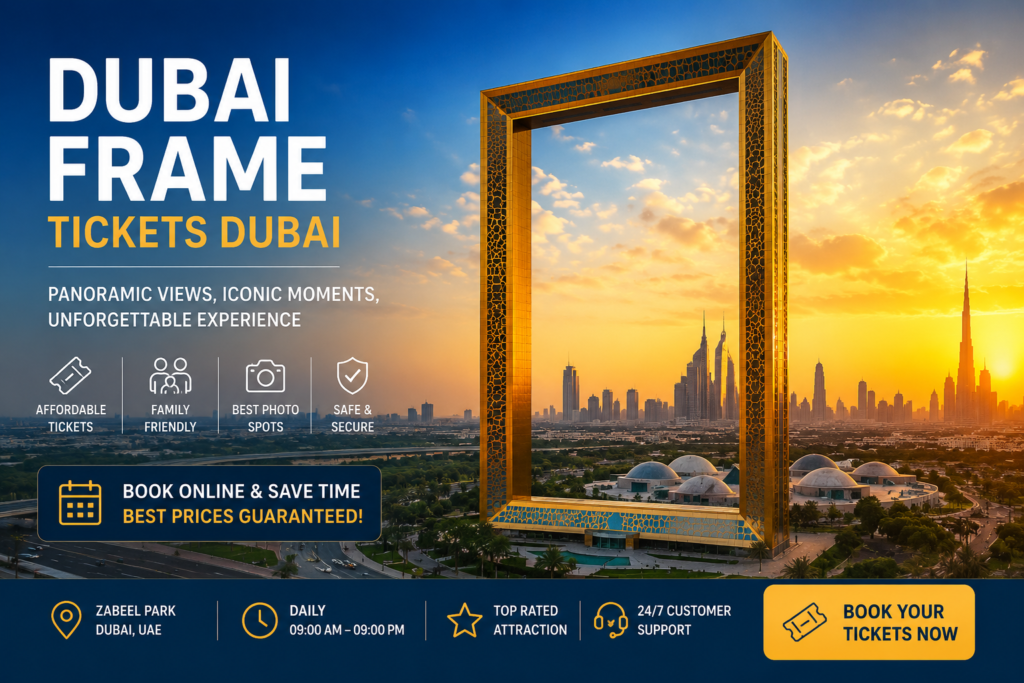 Dubai Frame tickets Dubai hero image with sunset skyline, Dubai Frame landmark, Burj Khalifa view, and tourist attraction guide