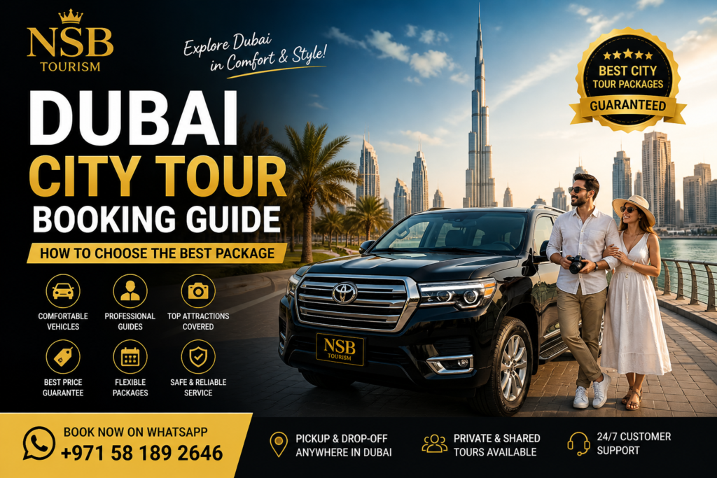 Dubai city tour booking with luxury car and Burj Khalifa view