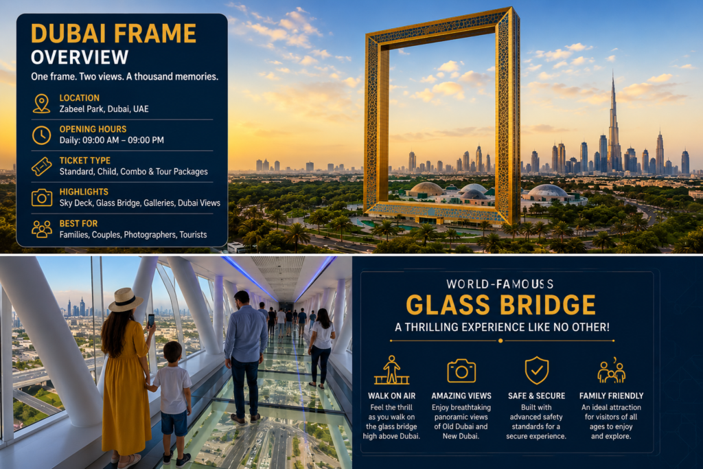 Dubai Frame overview with skyline views, glass bridge experience, family visitors, and Dubai tourist attraction guide