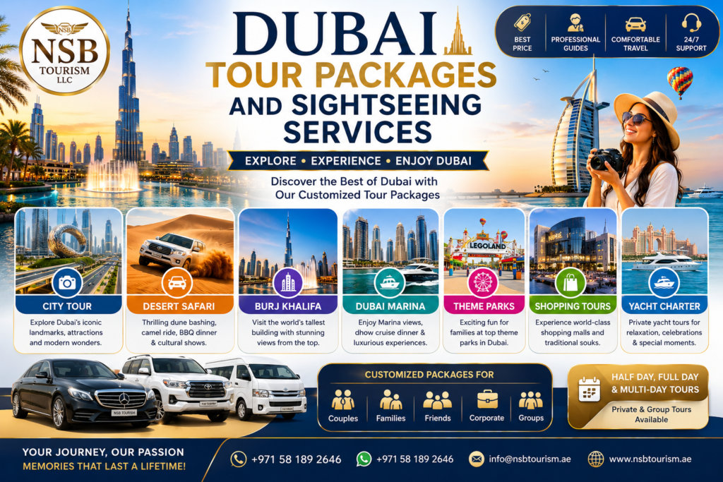 Dubai Tour Packages and Sightseeing Services infographic by NSB Tourism LLC with desert safari, city tours, yacht tours, and Dubai attractions