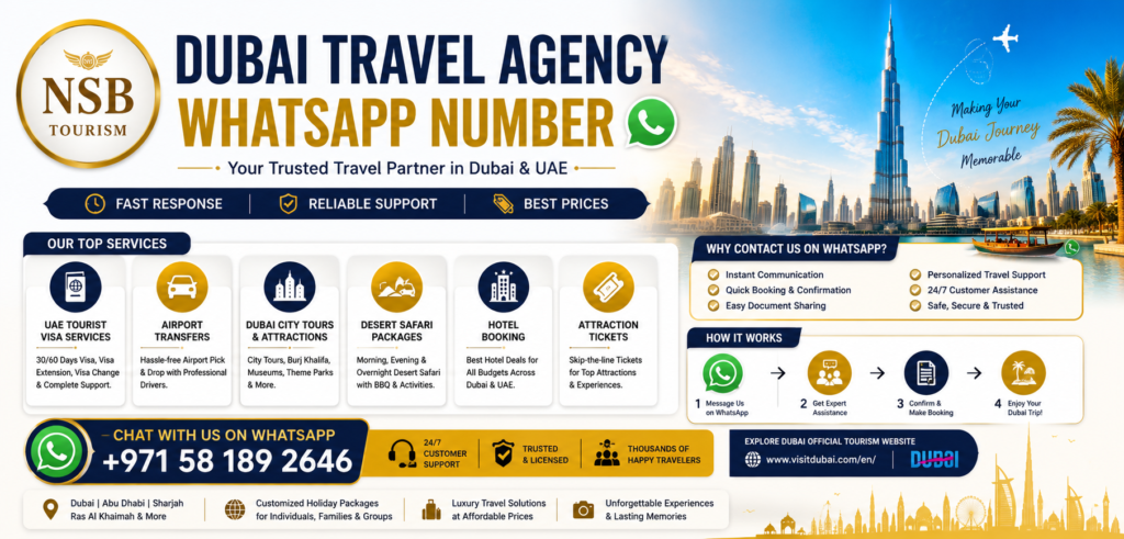 Dubai travel agency WhatsApp number infographic with NSB Tourism LLC services including UAE visas, airport transfers, Dubai city tours, hotel booking, and desert safari packages