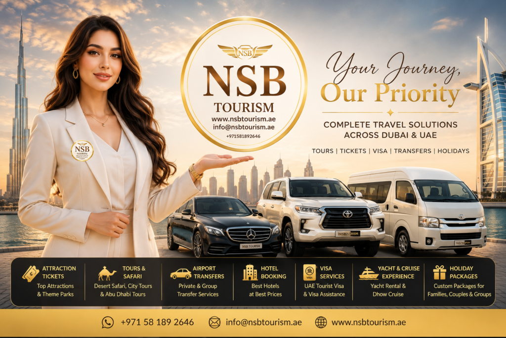 Dubai travel services by NSB Tourism LLC with luxury airport transfer vehicles, Dubai skyline, and professional travel consultant