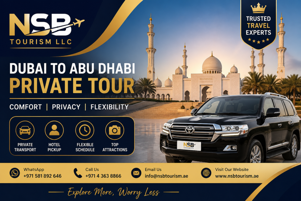 Dubai to Abu Dhabi private tour with luxury SUV and Sheikh Zayed Grand Mosque background