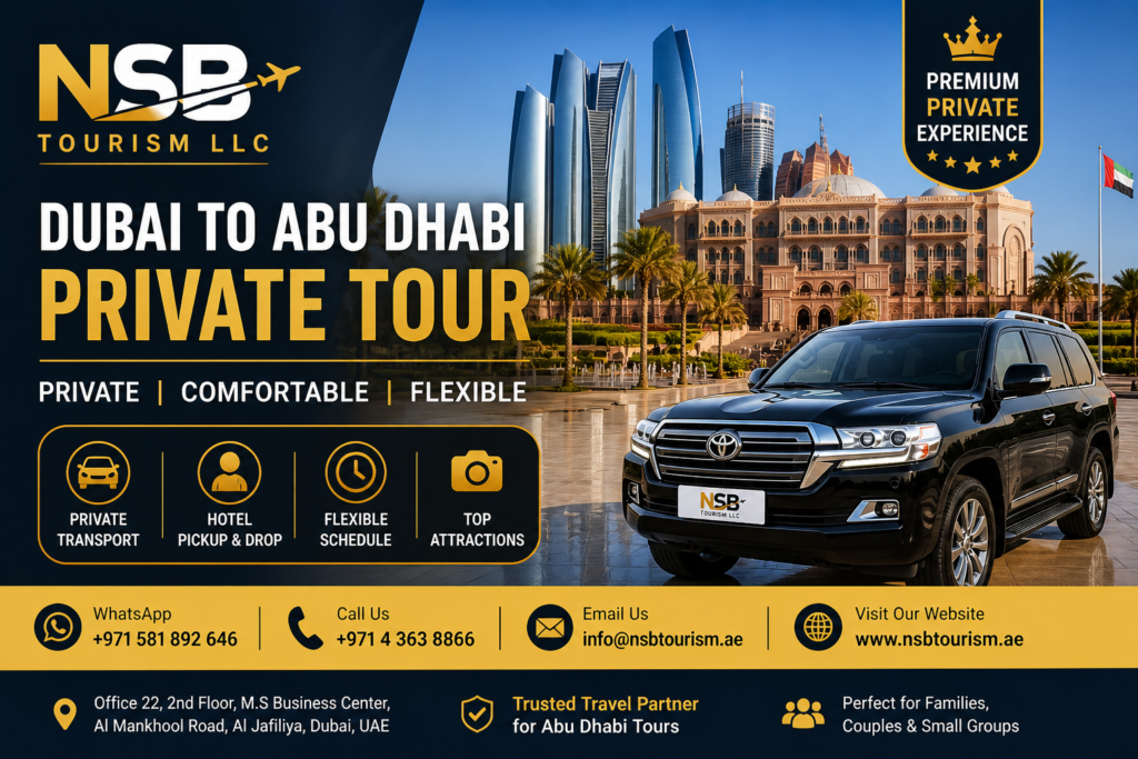 Dubai to Abu Dhabi private tour with luxury SUV and Emirates Palace Abu Dhabi skyline