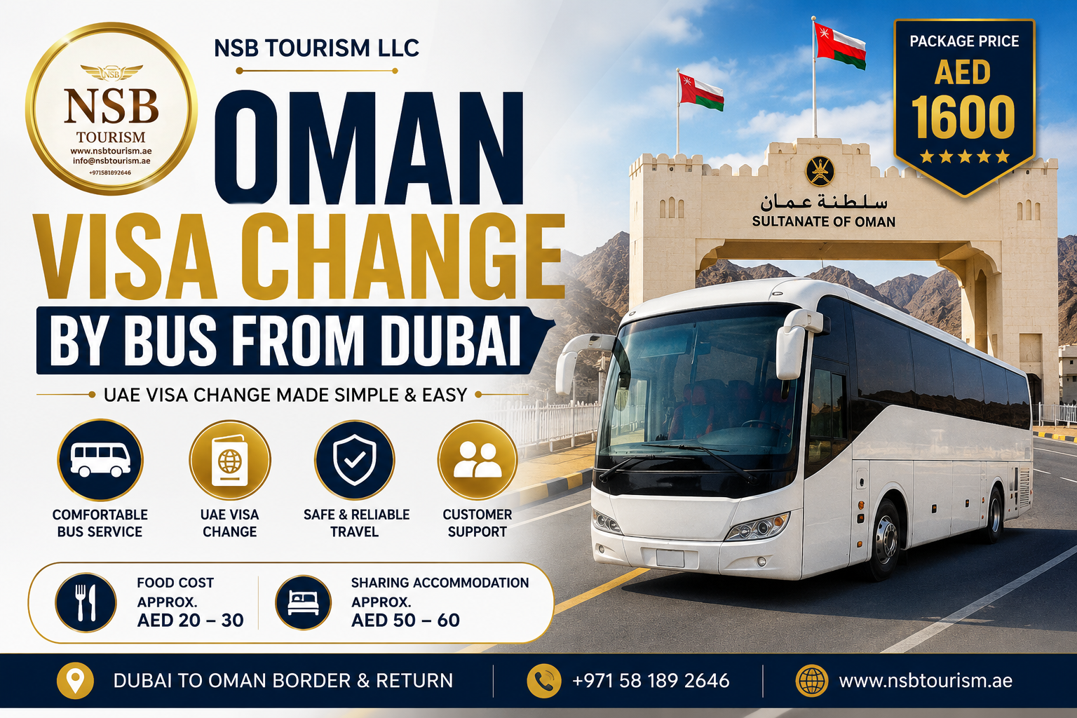 Dubai to Oman visa change by bus service with Oman border exit, comfortable bus transport, UAE visa renewal support, and NSB Tourism LLC branding