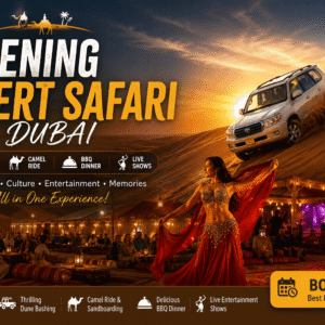 Evening Desert Safari Dubai with 4x4 dune bashing, camel ride, BBQ buffet dinner, Tanoura dance, fire show, and desert camp entertainment by NSB Tourism LLC.
