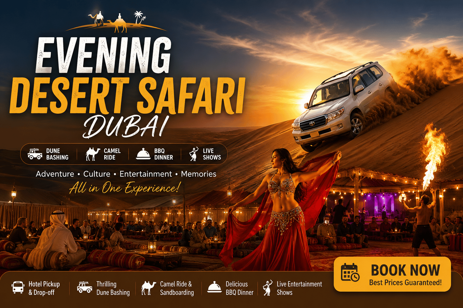 Evening Desert Safari Dubai with 4x4 dune bashing, camel ride, BBQ buffet dinner, Tanoura dance, fire show, and desert camp entertainment by NSB Tourism LLC.