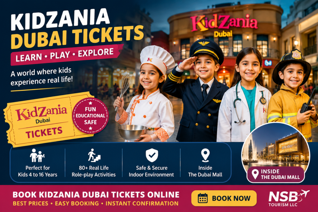 Children enjoying role-play activities at KidZania Dubai inside Dubai Mall with pilot, doctor, chef, and firefighter costumes