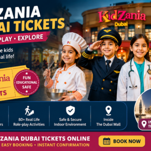 Children enjoying role-play activities at KidZania Dubai inside Dubai Mall with pilot, doctor, chef, and firefighter costumes