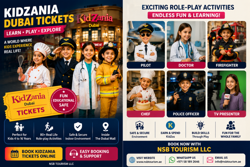 Children enjoying KidZania Dubai role-play activities as pilot, doctor, firefighter, chef, police officer, and TV presenter