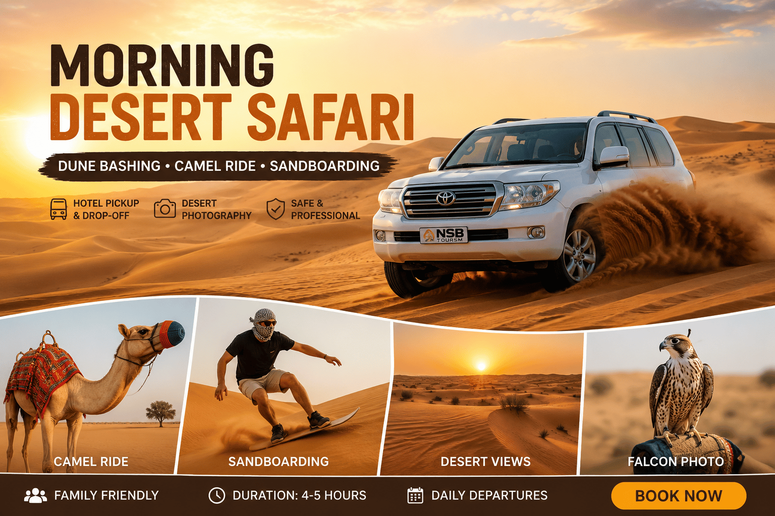 Morning Desert Safari Dubai with 4x4 dune bashing, camel ride, sandboarding, and desert sunrise adventure by NSB Tourism LLC
