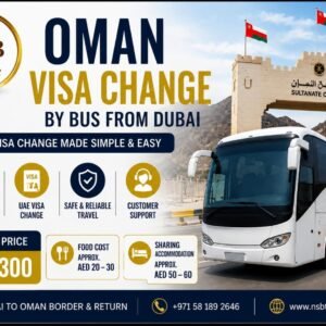 Oman visa change by bus from Dubai with NSB Tourism showing UAE visa change service, luxury coach bus, and Oman border crossing
