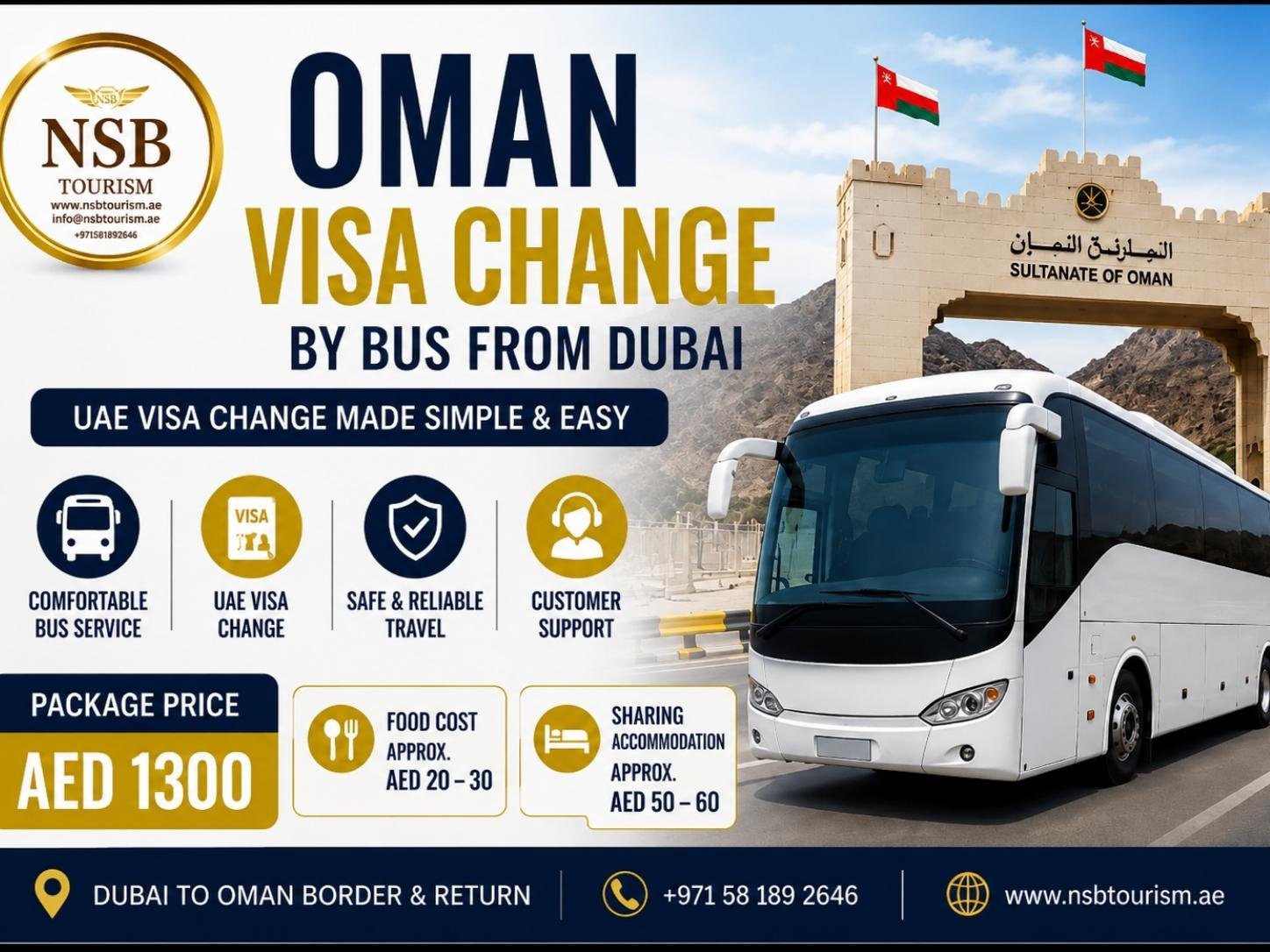 Oman visa change by bus from Dubai with NSB Tourism showing UAE visa change service, luxury coach bus, and Oman border crossing