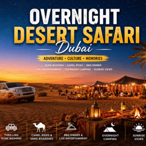 Overnight Desert Safari Dubai with 4x4 dune bashing, desert camp stay, BBQ dinner, live shows, stargazing, sunrise views, and breakfast experience.