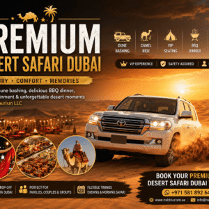 Experience Premium Desert Safari Dubai with luxury dune bashing, VIP BBQ dinner, camel rides, live entertainment, and unforgettable sunset desert views with NSB Tourism LLC.