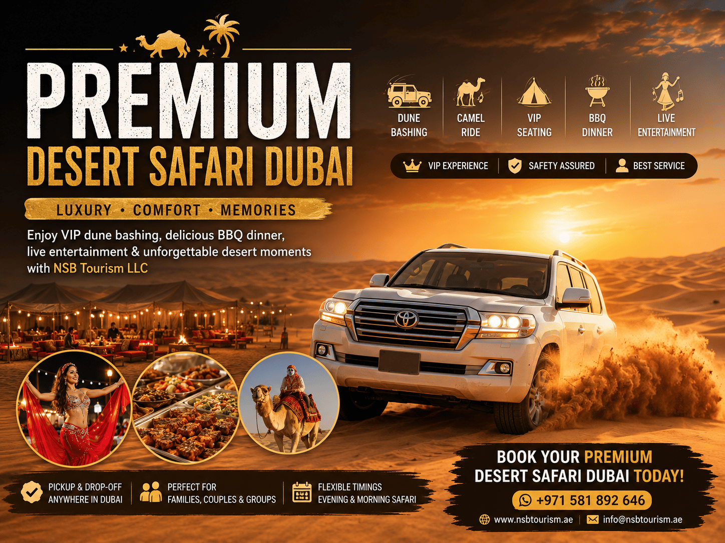 Experience Premium Desert Safari Dubai with luxury dune bashing, VIP BBQ dinner, camel rides, live entertainment, and unforgettable sunset desert views with NSB Tourism LLC.