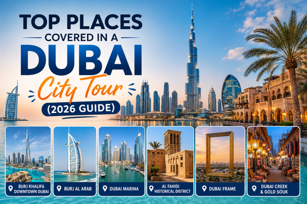 Dubai City Tour 2026 covering Burj Khalifa, Dubai Marina, Palm Jumeirah, Dubai Frame, and luxury sightseeing attractions in Dubai