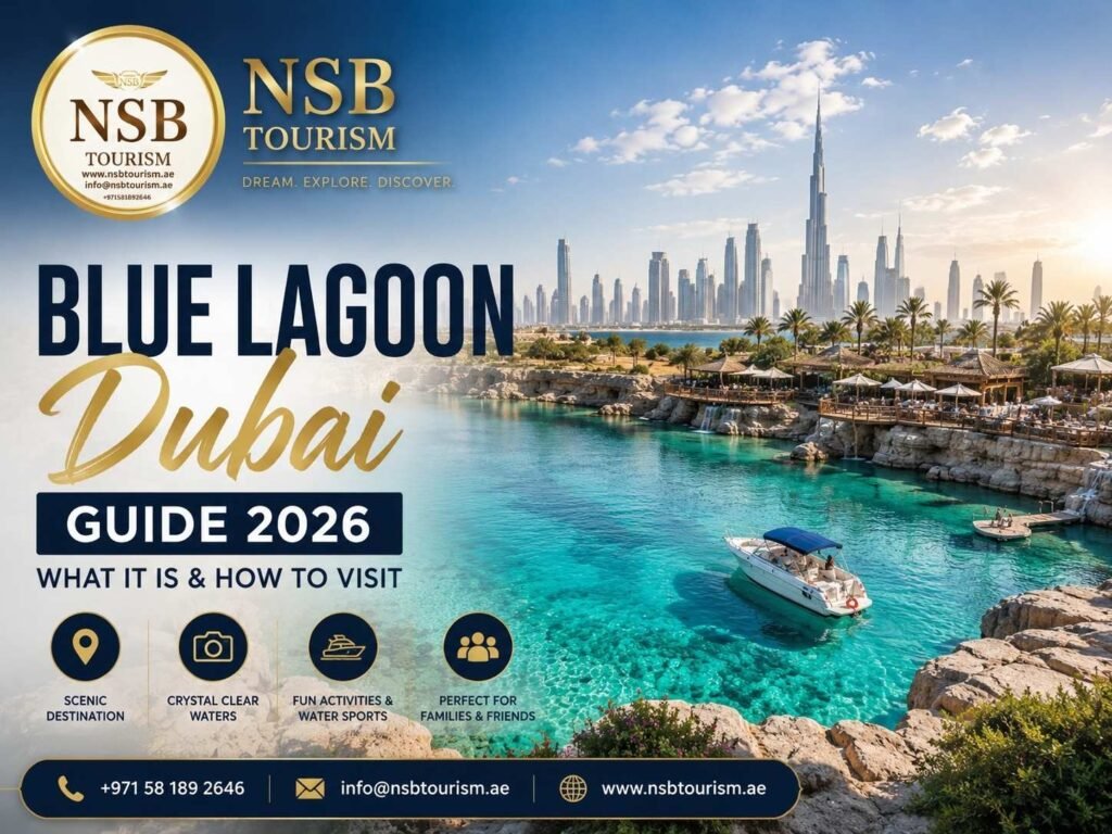 Blue Lagoon Dubai with crystal clear blue water, luxury boat, and Dubai skyline featured in NSB Tourism travel guide 2026