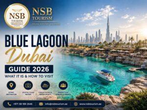 Blue Lagoon Dubai with crystal clear blue water, luxury boat, and Dubai skyline featured in NSB Tourism travel guide 2026