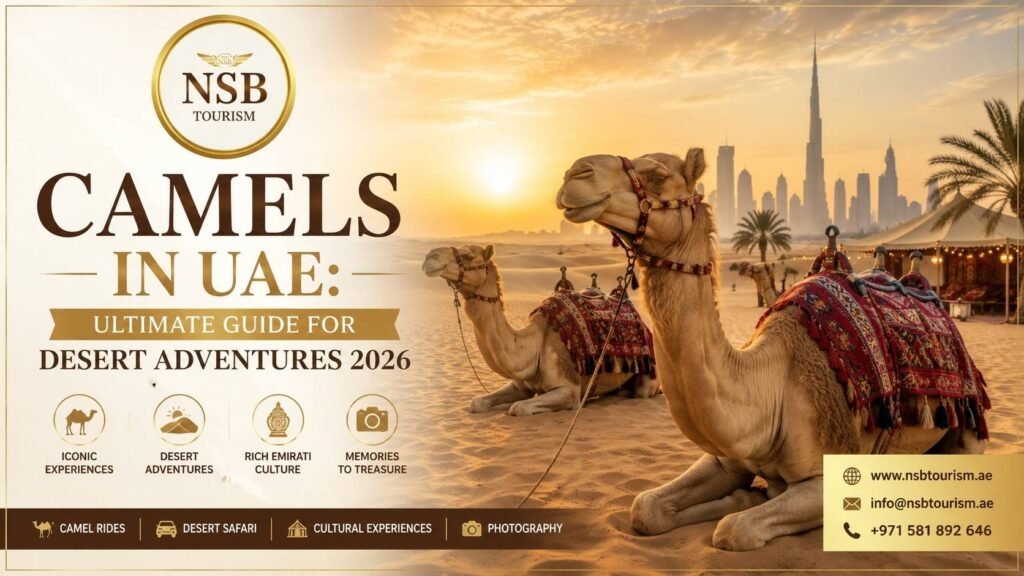 Camels in UAE desert safari with traditional camel rides and Dubai desert landscape