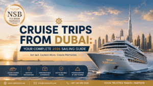 Cruise Trips from Dubai luxury cruise ship sailing near Dubai Marina skyline and Burj Khalifa during sunset with NSB Tourism travel services