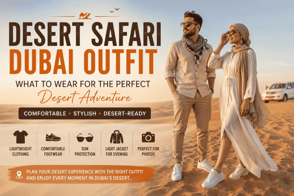 Desert Safari Dubai outfit guide featuring stylish desert clothing for men and women, comfortable footwear, sunglasses, light jacket, and practical outfit ideas for morning, evening, VIP, and overnight desert safari experiences in Dubai