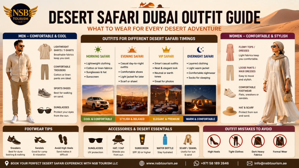 Desert Safari Dubai outfit guide infographic showing recommended clothing for men and women, morning safari outfits, evening safari outfits, VIP safari dress ideas, overnight safari clothing, footwear tips, desert accessories, and outfit mistakes to avoid