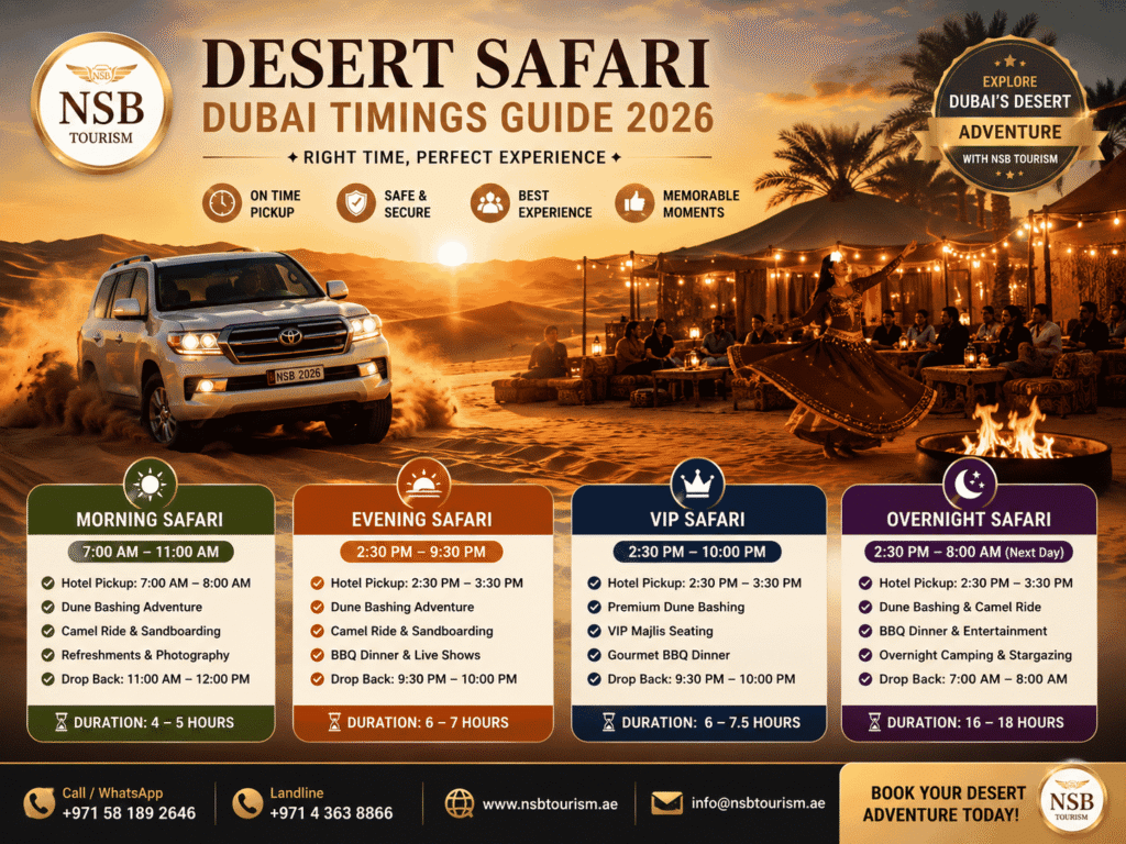 Desert Safari Dubai timings guide showing morning safari, evening safari, VIP safari, and overnight safari schedules with dune bashing, desert camp entertainment, pickup times, and duration information in Dubai