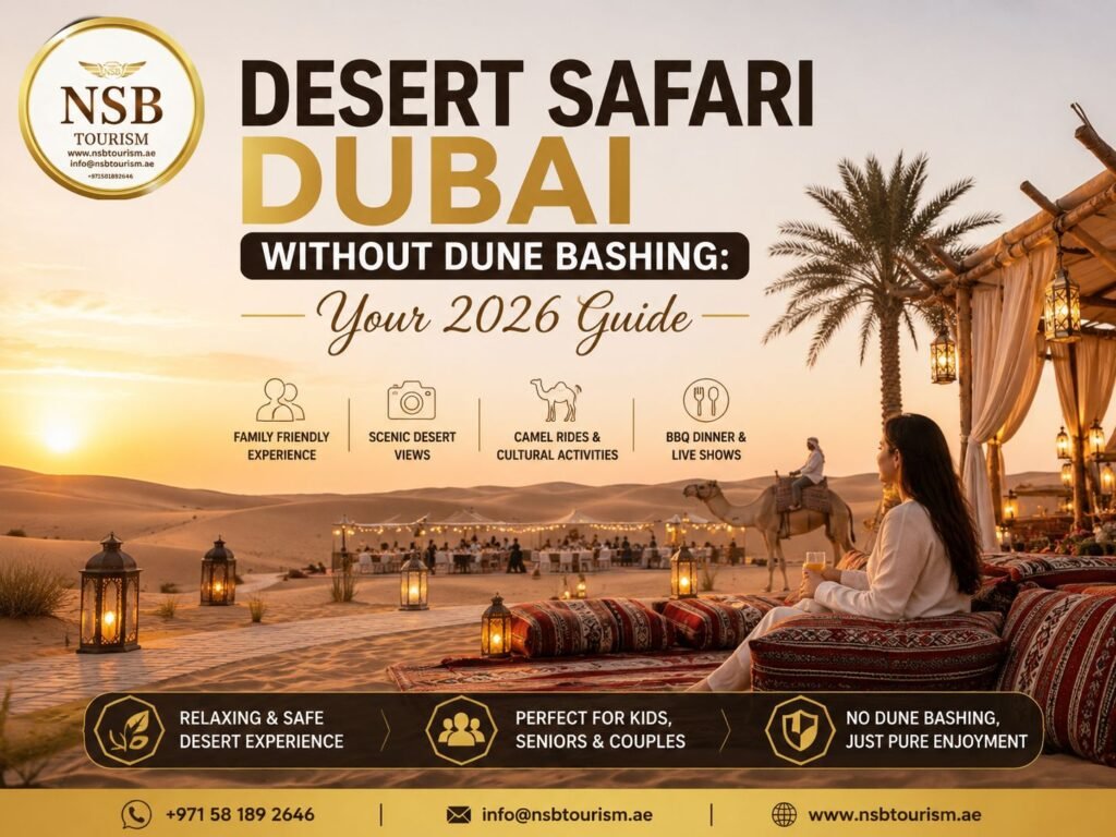 Desert Safari Dubai without dune bashing with sunset desert camp and camel ride experience