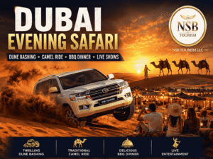 Dubai evening safari featuring 4x4 dune bashing, camel caravan, desert camp, BBQ dinner, live entertainment, and sunset desert adventure by NSB Tourism LLC