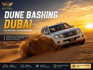 Toyota Land Cruiser dune bashing across Dubai desert sand dunes at sunset with professional desert safari driver and adventure experience by NSB Tourism LLC