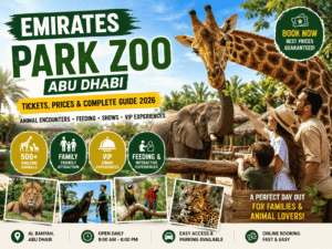 Family enjoying giraffe feeding experience with elephants and wildlife attractions at Emirates Park Zoo Abu Dhabi
