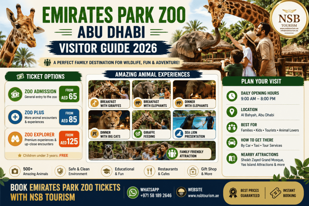 Infographic showing Emirates Park Zoo Abu Dhabi ticket options animal experiences visitor information and family activities